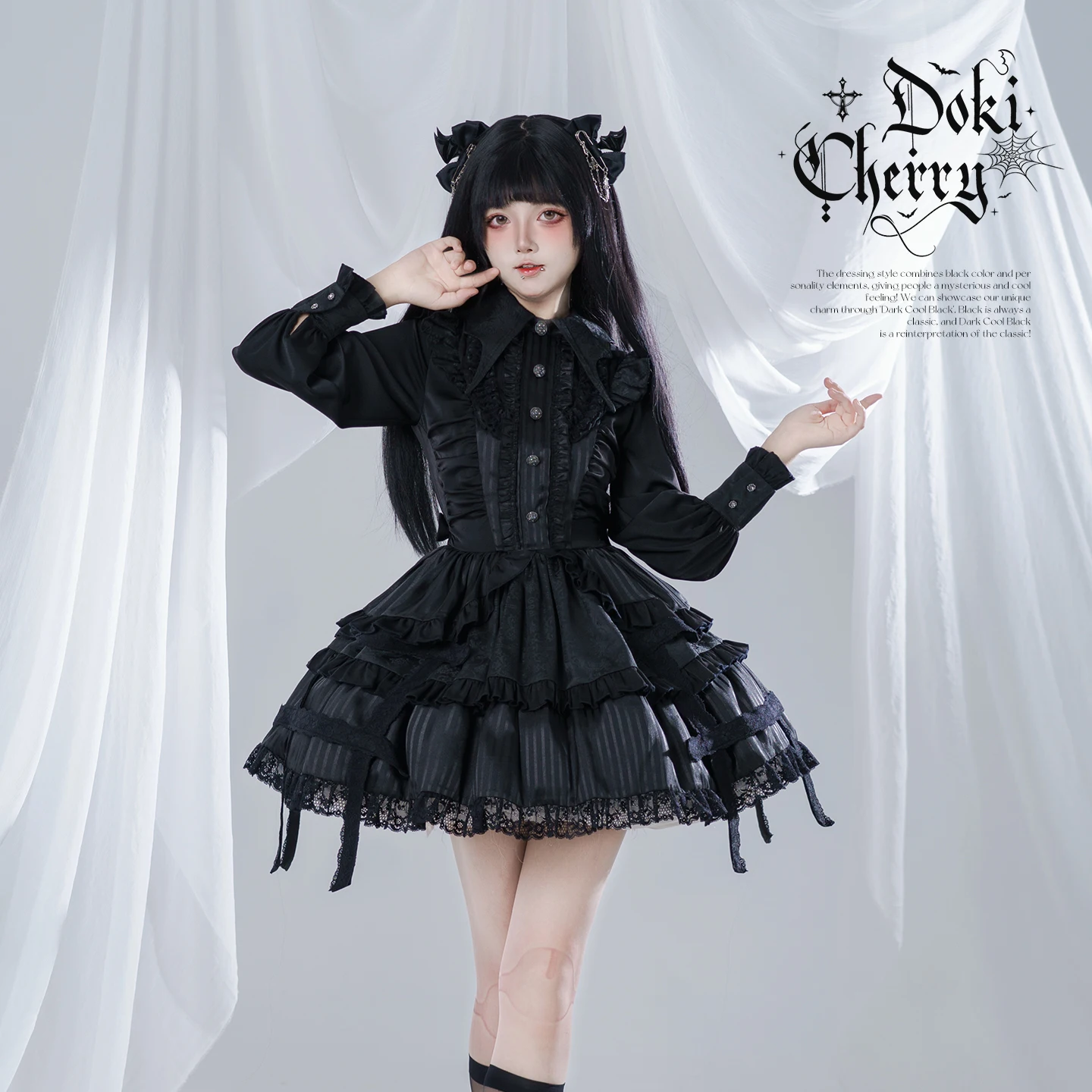 الأصلي ثقافة فرعية الأسود القوطية لوليتا فستان بكم طويل OP ربيع الخريف فتاة جديدة حلوة كول Batwing طوق الدانتيل كوس فستان #5
