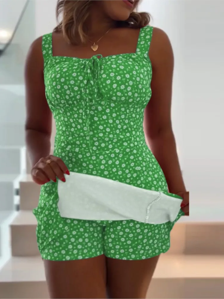 Combishort d'été imprimé Floral pour femmes, Sexy, bretelles Spaghetti, sans manches, Slim, taille haute, mode plage, 2025