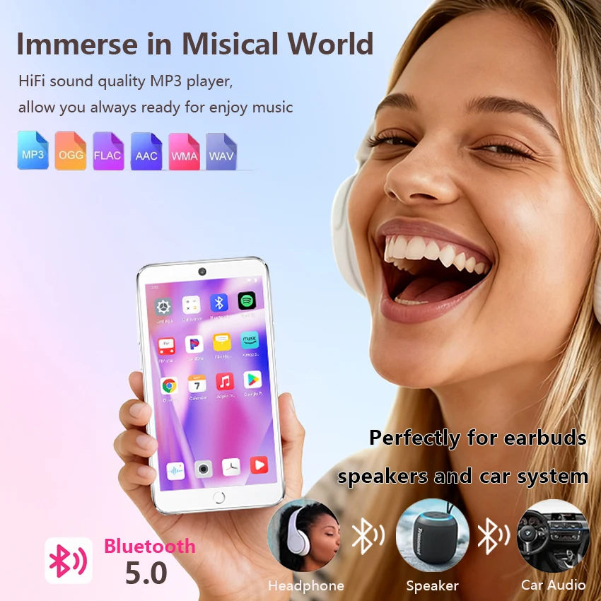 مشغل MP3 بسعة 96 جيجابايت (64 جيجابايت + 32 جيجابايت) مزود بتقنية البلوتوث 5.0 وواي فاي ونظام تشغيل أندرويد 13.0 وسبوتيفي وكاميرا وسعة مكبرات الصوت تصل إلى 1 تيرابايت