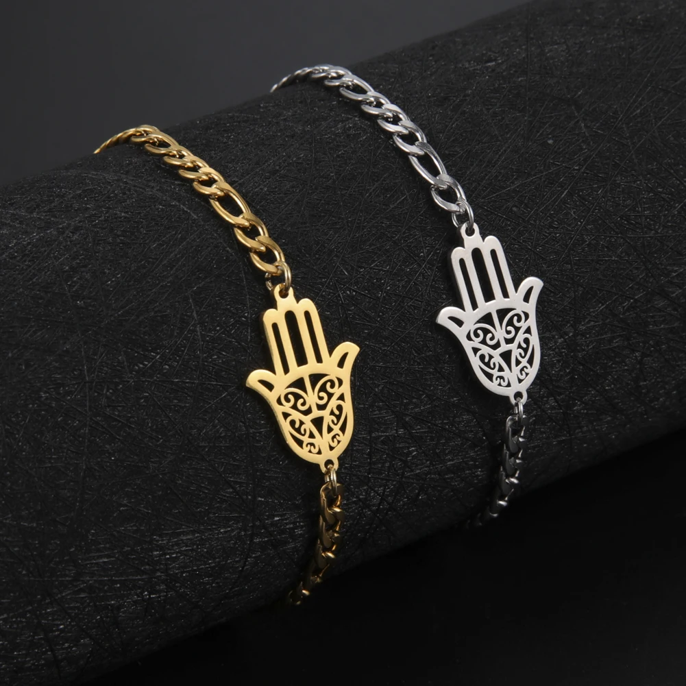 Dawapara Hamsa Hand Anklet Bracelet Filigree Fatima Charm Ankle Chain Good Luck Symbol Protection Amulet Stainless Steel Jewelry