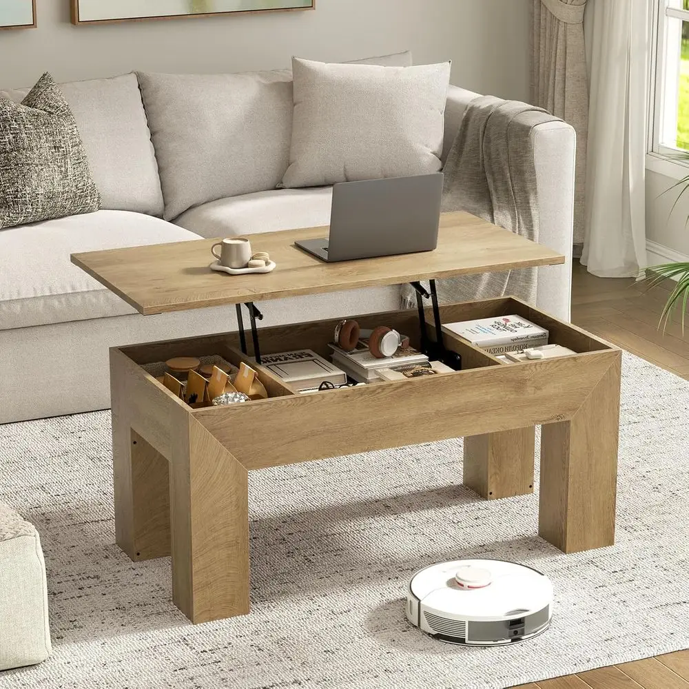 

41.7'' Lit Top Coee Table, Wooden RecCoee Table with Hidden Storage, Large Center Table Adjustable Height Soa Table or Living Ro