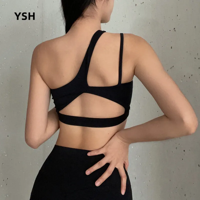 YUSHUHUA Oblique One Shoulder Strap Yoga Sports Bra Women Sexy Hollow Back Exercise Fitness Bra Tops Running Training Underwear