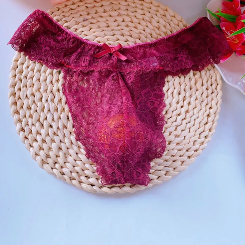 Men Pink Lace Hollowed Sexy Thong Briefs Sissy Bow Pantie G-string T-back Underwear Gay Crossdressing COS Pants shorts