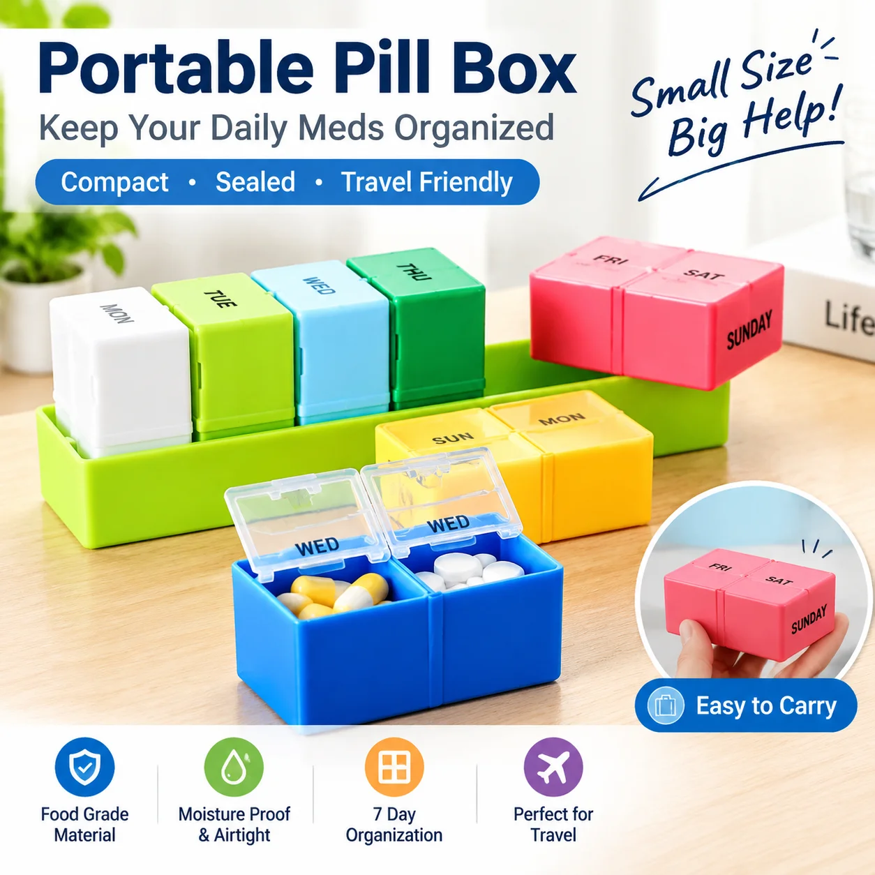 28 Compartment Pill Organizer 7 Day Weekly Rainbow Drawer Pill Box Rectangular Medicine Storage Case For Home Travel