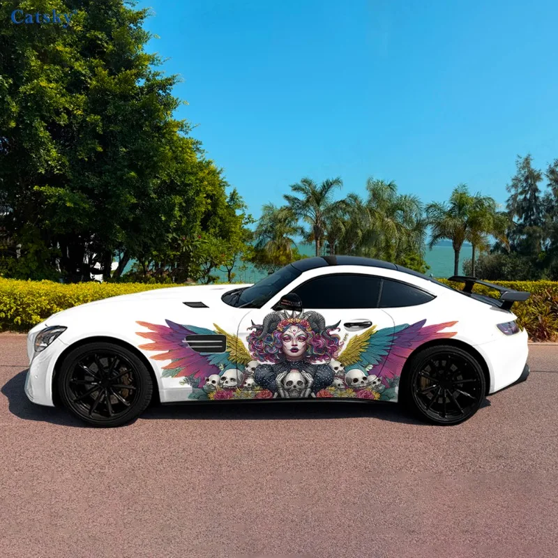 

Красочная рогатая девушка с черепом, автомобильные виниловые наклейки, самоклеящаяся наклейка из ПВХ, подходит для грузовиков, внедорожников, декор, автоаксессуары, подарок