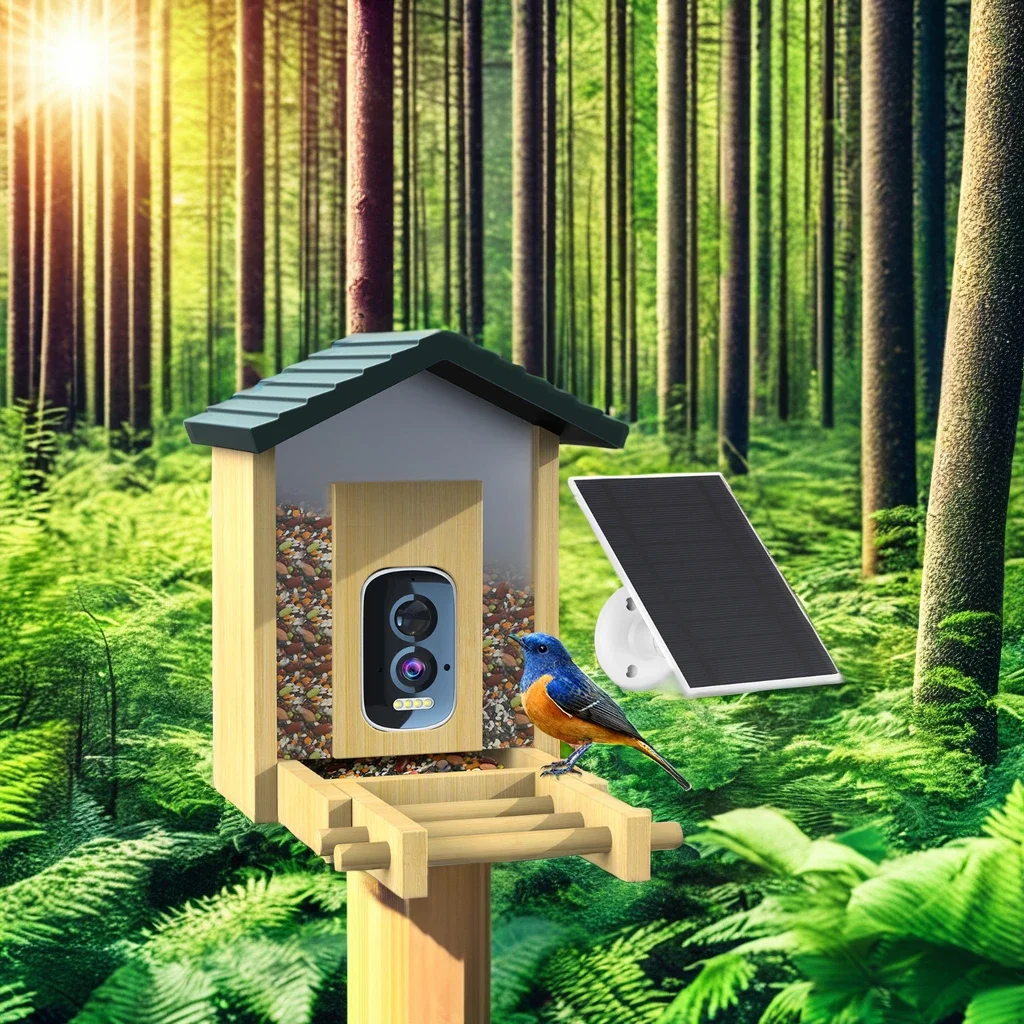 180 Degree Automatic Indoor Window Bamboo Bird Feeder Waterproof 2.5K AI Camera Wood Bird's Nest Capacity Battery-Powered Water