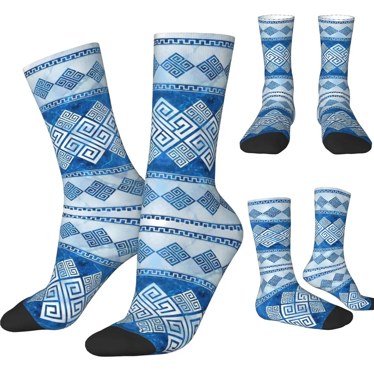 Retro Greek Meander Football Socks Greek Key Blue Gemstone and Pearl Polyester Crew Socks for Women Men