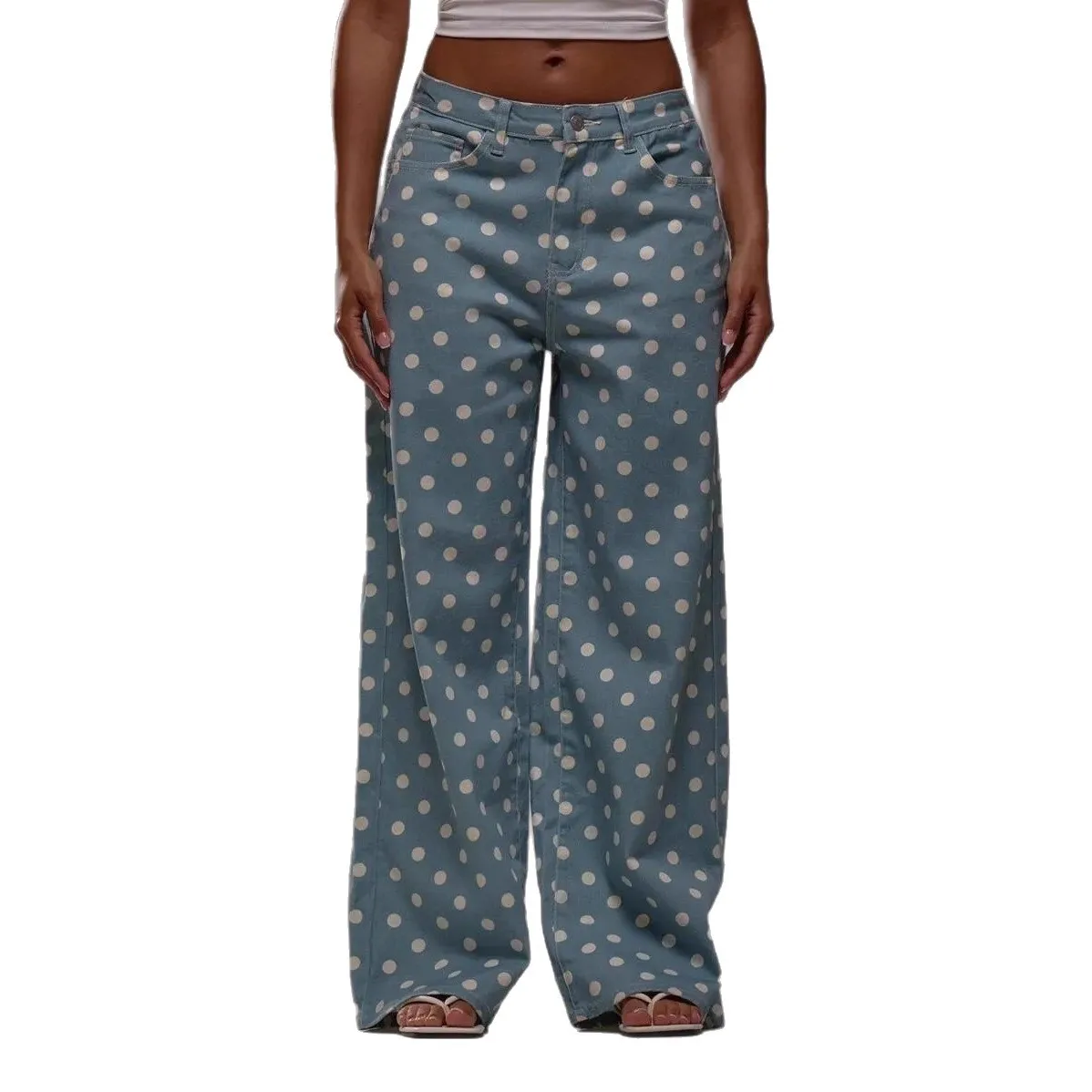 Women Retro Polka Dot Print High Waist Barrel Leg Pants Drawstring Hem Wide Leg Trousers With Pockets Y2K Casual Streetwear