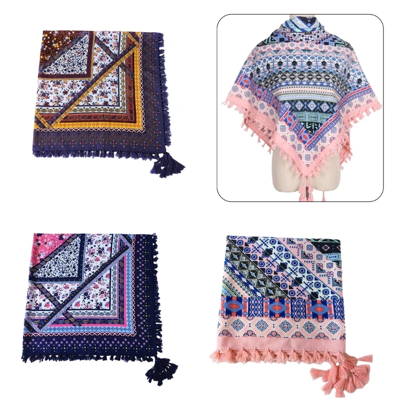 Ethnic Women Bandana Four Sided Fringes Kerchief Elastic Bandana Camping Travel Taking Photo Hair Kerchief