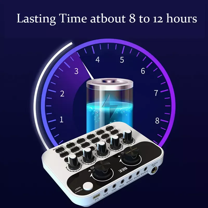 V8 Inglês Mini Live Sound Card, Interface Audio, Podcast Mixer, Adequado para PC, Computador, Telefone, Broadcast, Efeitos de Gravação, Novo