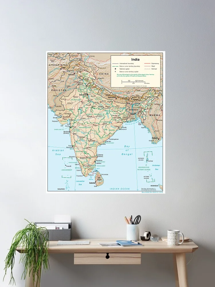 Carte physiographique de l'Inde, impression sur toile, affiche, décoration de salon, tableau mural pour la maison