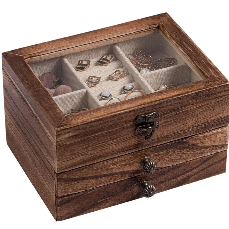 Caja de joyería de madera maciza, baratijas portátiles, cajas de almacenamiento para exhibición de joyería, organizador de pendientes, soporte para anillos, escaparate, caja de pulseras