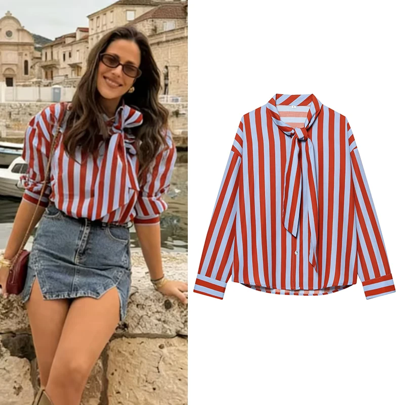 

Women's Shirts Spring 2026 New Fashion Bow Decoration Striped Shirt Women Loose Casual Shirts Female Blouses Chic Tops