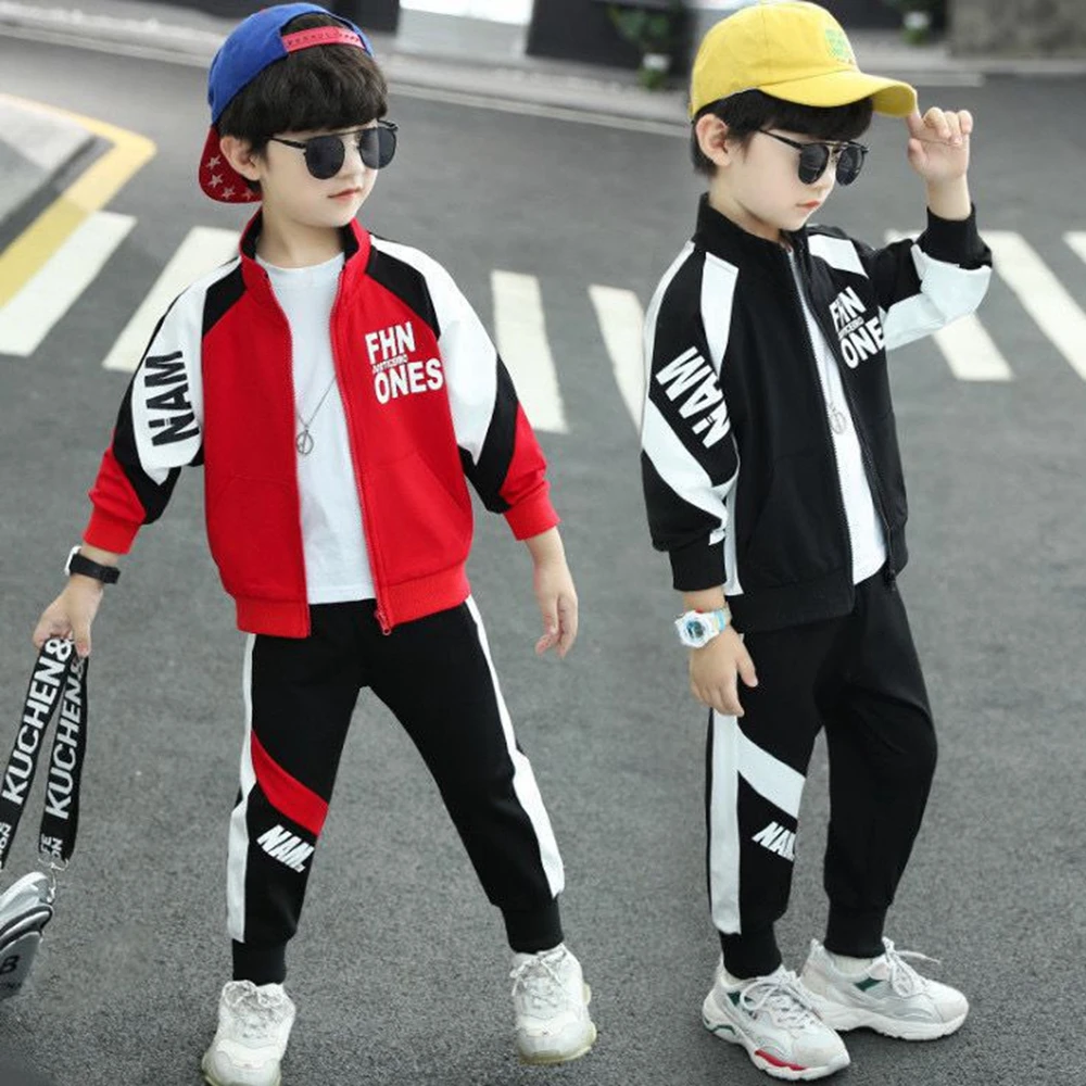 

New Children Set Winter Autumn Zipper Splicing Jacket + Striped Pants Tracksuit Clothes Boys Sport Teenager Kids 4 6 8 10 12Year