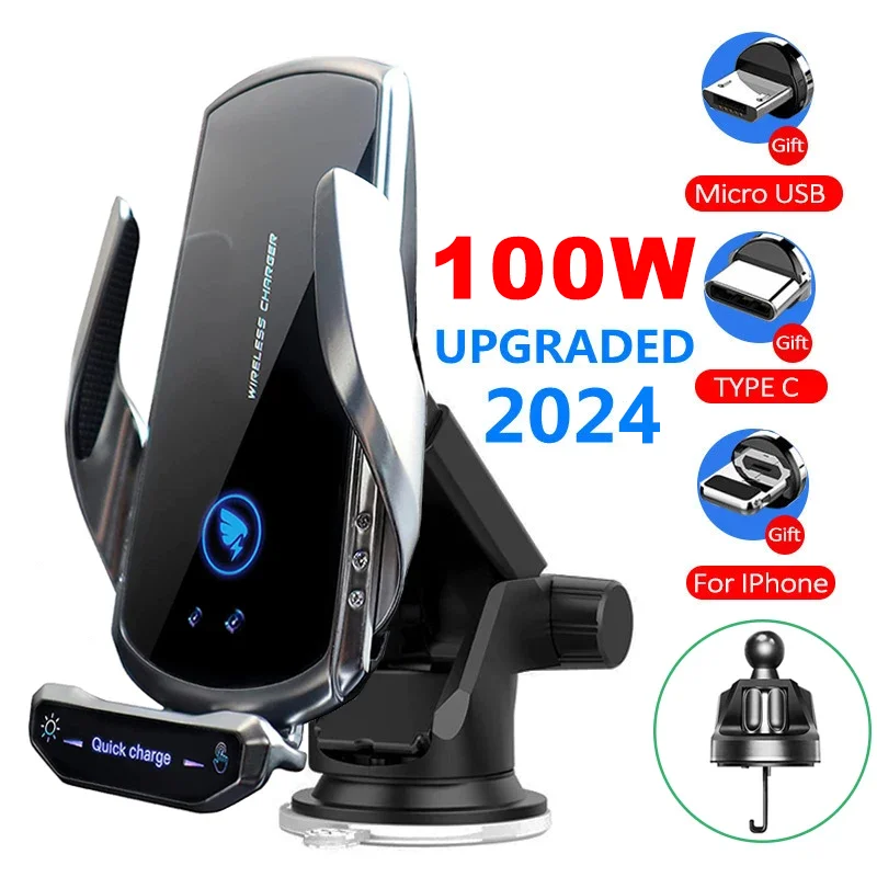 100W Car Phone Holder Wireless Charger  Fast Charging For iPhone 11 12 Pro Xiaomi Samsung Huawei Magnetic Wireless Car Charger