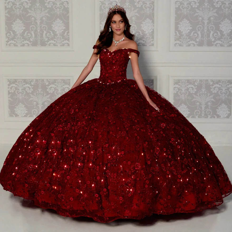 Lorencia Sparkly Dark Red Sweetheart Quinceanera Dress Off Shoulder Sequin Corset Ball Gown 16th Prom Vestidos De 15 Años YQD37