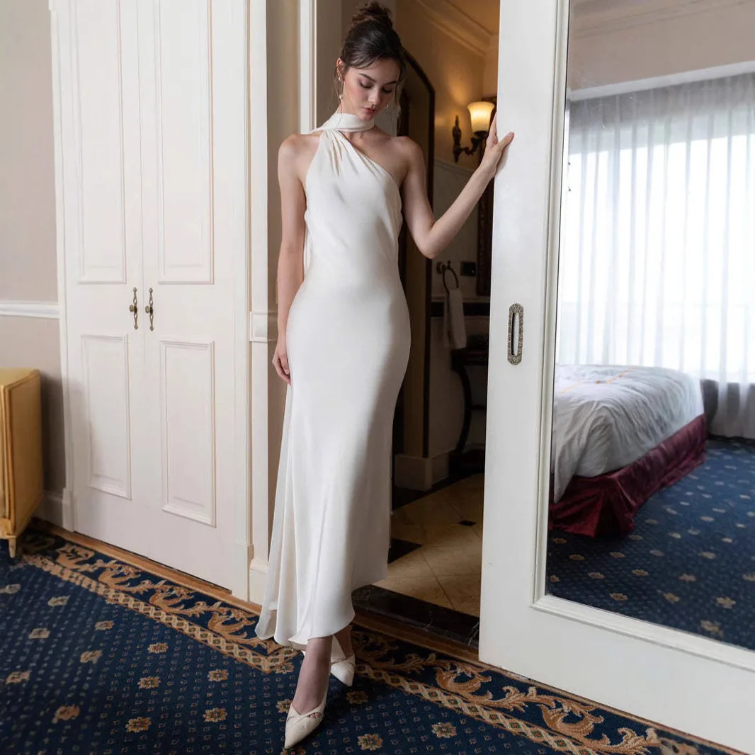 2025 الراقية النمط الفرنسي نخب فستان مثير عارية الذراعين الساتان الرسن الرقبة ثوب مسائي فستان 2025 فستان صيفي رداء Vestido النساء #5