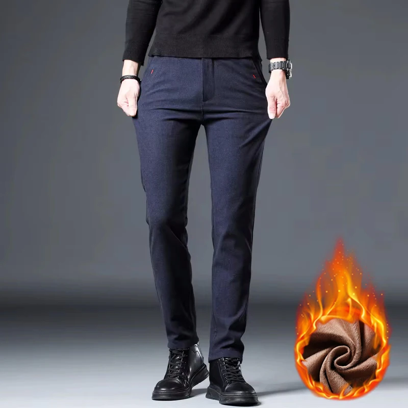 3 Colors Fleece Business Casual Pants Men Winter Thermal Fashion Youth Slim Trousers Stretch Straight Velvet Thicke Male Pants