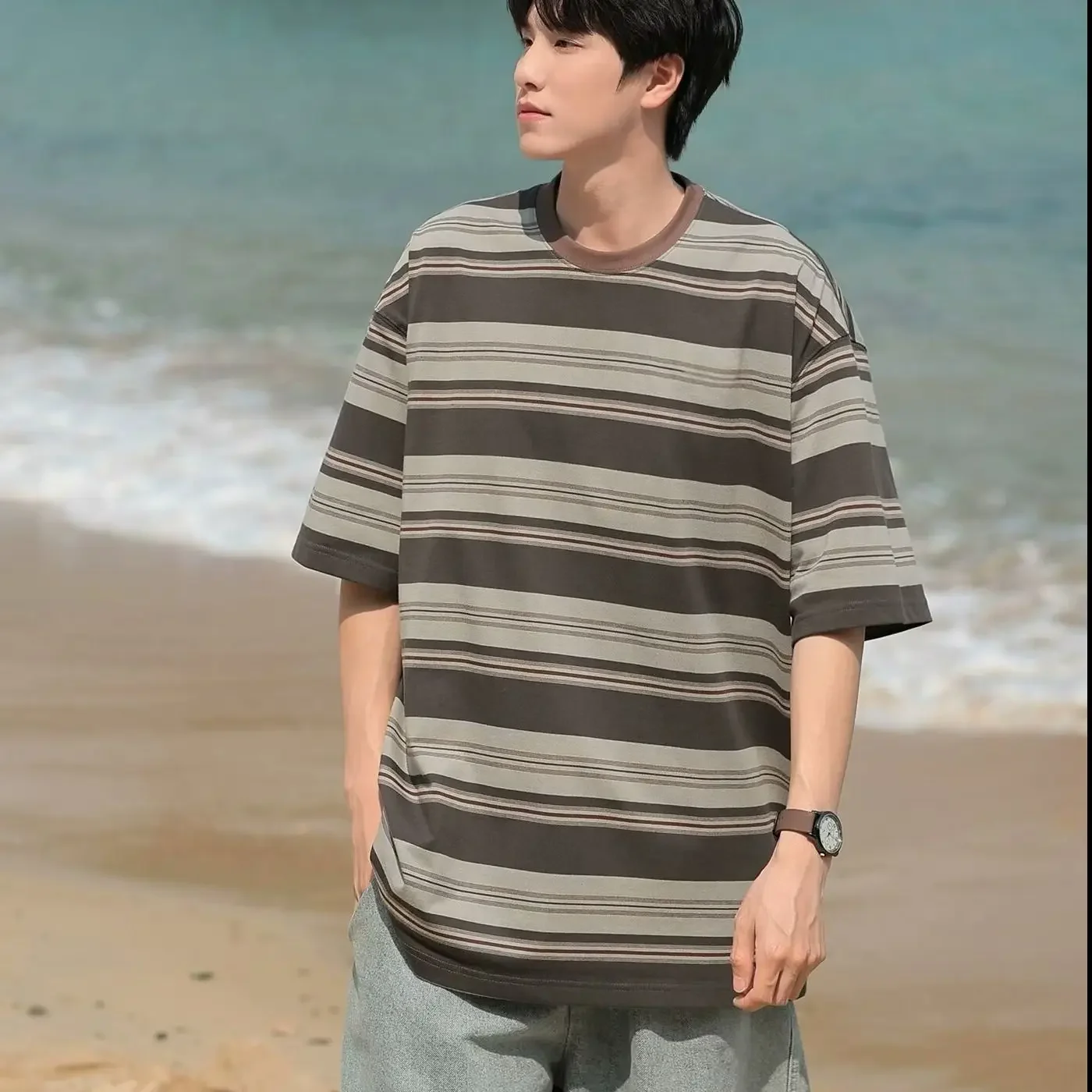 Striped Top T Shirt for Men Man Tee Shirts O Neck Funny Ordinary Cheap Clothes Streetwear Y2k Basic Fashion Korean Clothing Chic