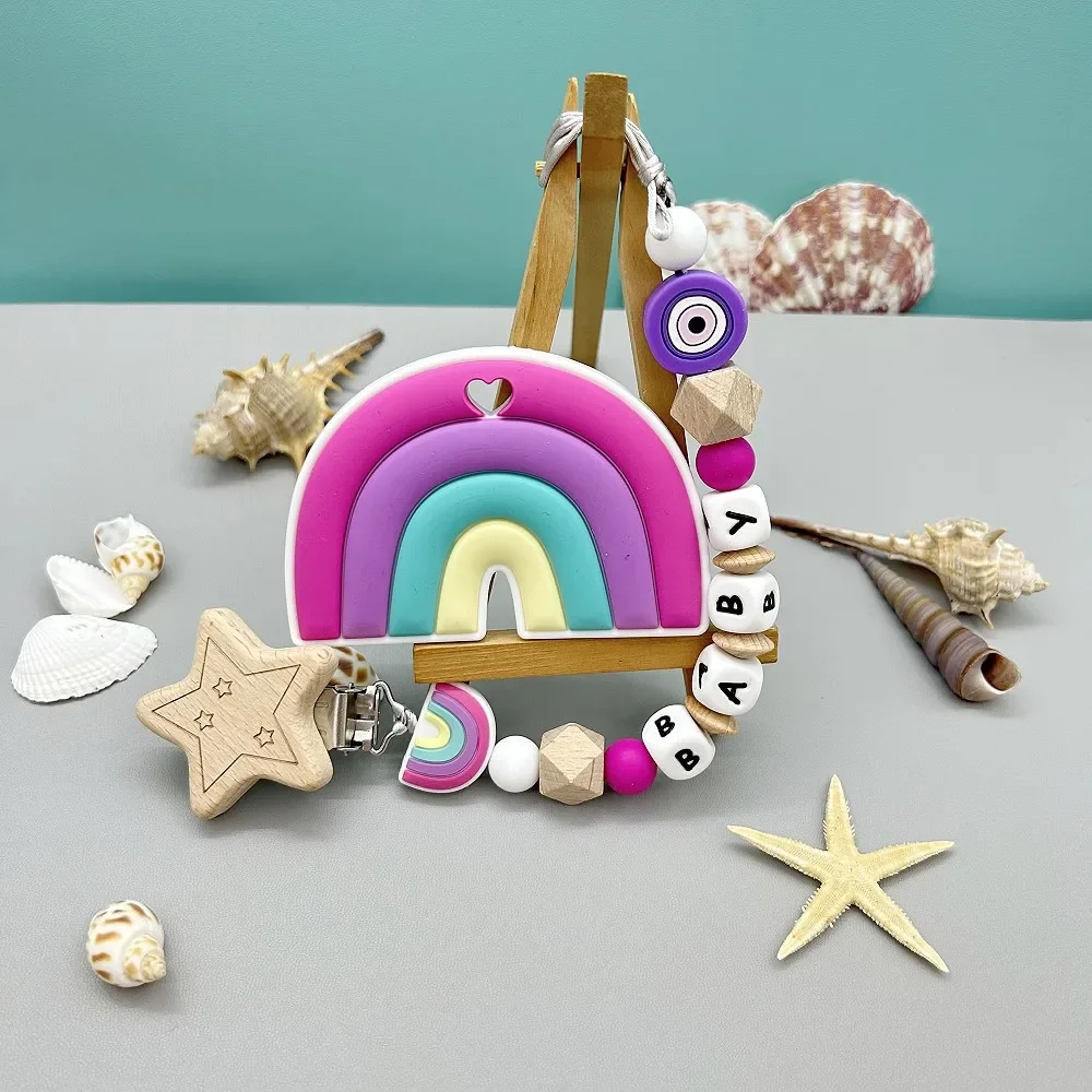 JoTeWindsor-Clips de sucette arc-en-ciel personnalisés pour bébé, nom de lettre, laisse à mâcher pour bébé, supports en os, cadeaux créatifs