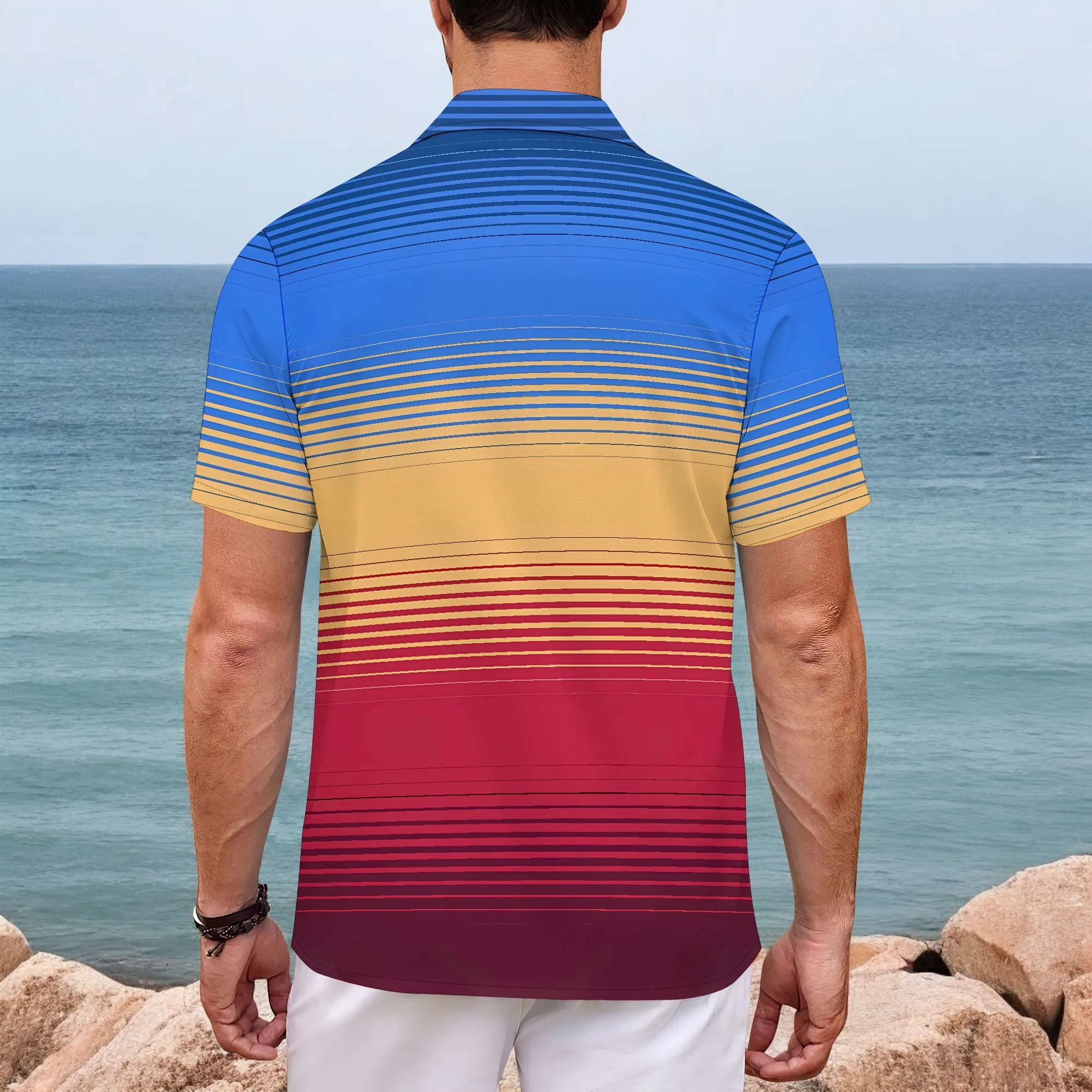 YEAE Colorful Gradient Stripe Print Shirt for Men Summer Casual Short Sleeve Top