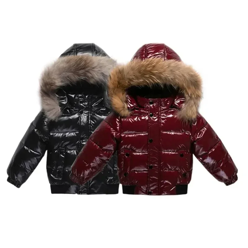 2024 Winter Baby Girl Down Jacket Waterproof Shiny Real Fur Thicken Warm Boy Outerwear Coat 1-8 Years Kid Boy Parka Outfit