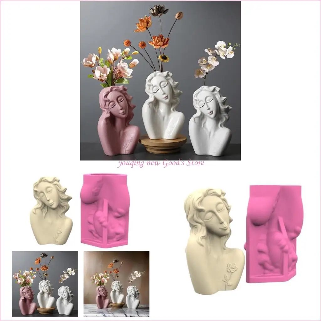 

57QA Handmade Silicone Mould Concrete Plant Pots Molds Girl Resin Containers Mold for Hand-Making Pen Holders