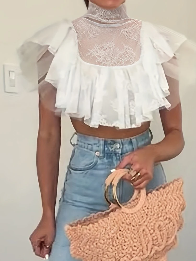 

Женская сексуальная кружевная прозрачная однотонная блузка, летняя модная элегантная рубашка с оборками, 2026, с воротником-стойкой, белая