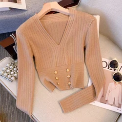 Women Buttons V-Neck Elegant Tops Solid Long Sleeve Office Thin Top Knit Slim Pullovers For Women 2024 Spring