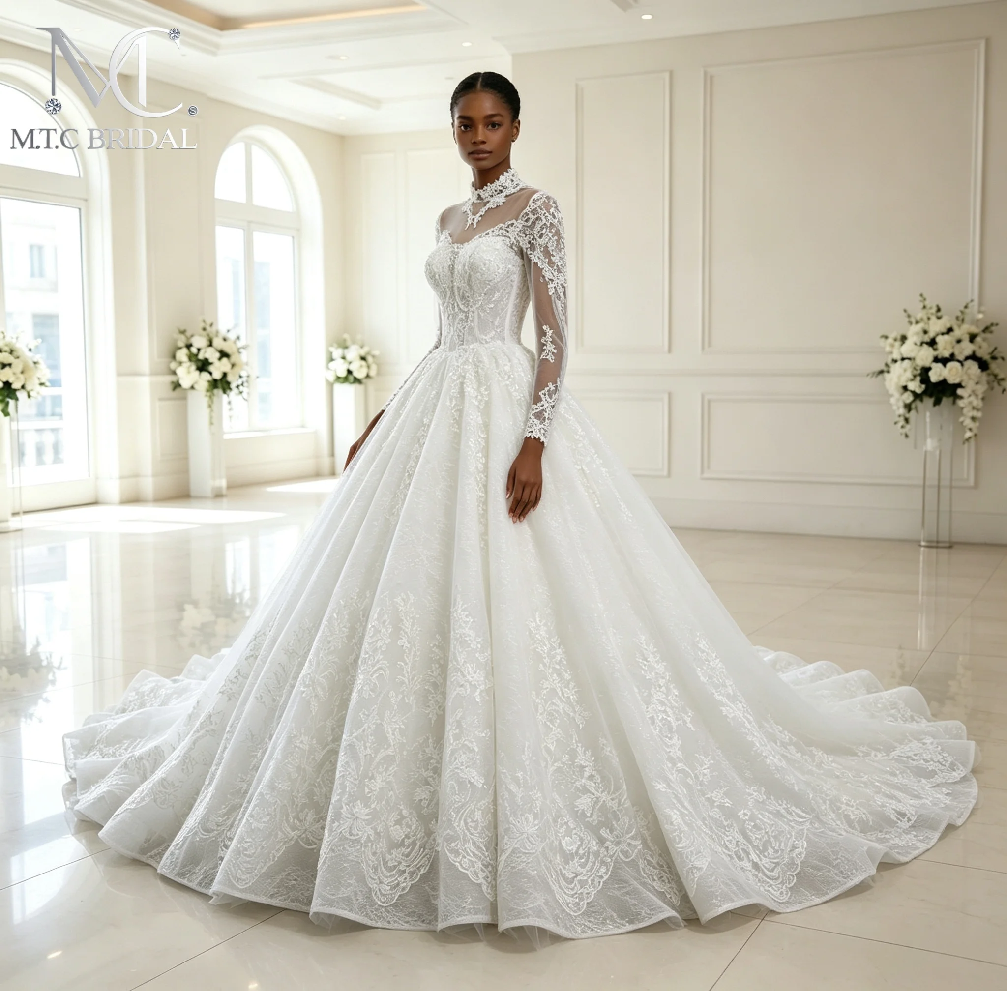 Luxury Lace Princess Wedding Dresses High Neck Full Sleeves Sweep Train 2026 Custom Made Wedding Gowns For Bride Robe De Mariee