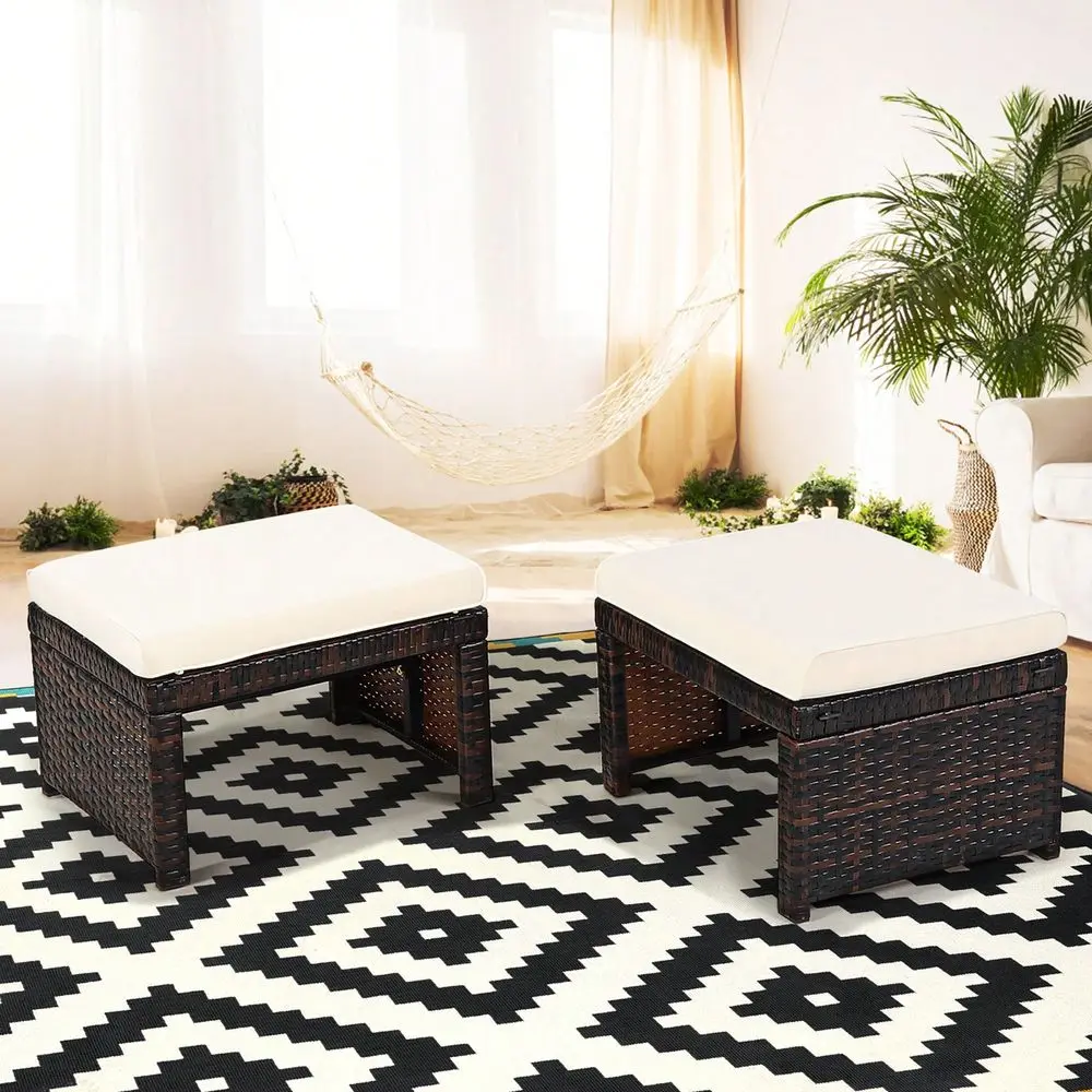 

2PCS Patio Rattan Ottoman Cushioned Seat Foot Rest Furniture Turquoise Red White Grey