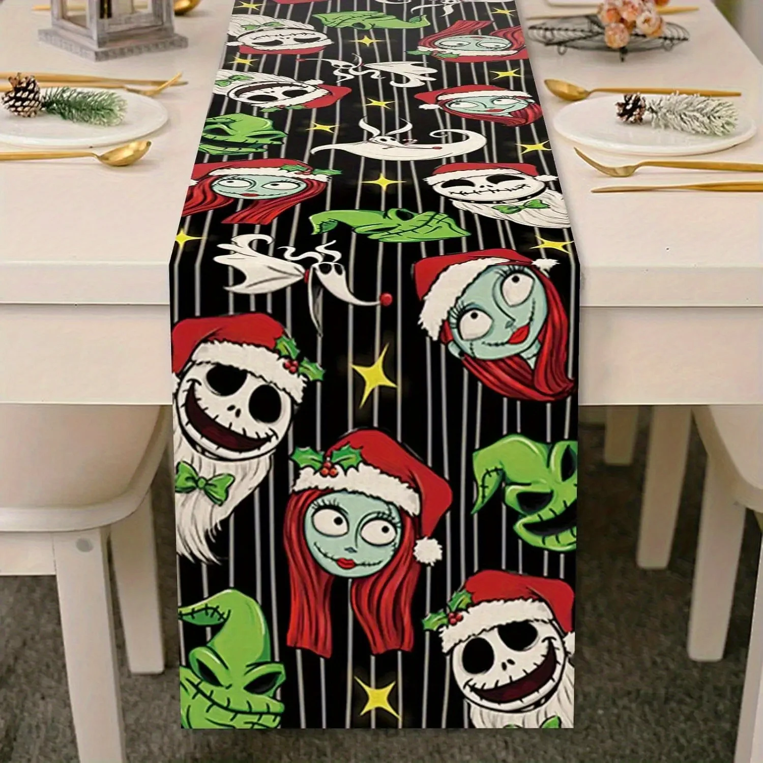 1 Piece of Merry Christmas and Happy Halloween Table Runner, Christmas Nightmare Jack and Sally Green Monster Ghost Stripe Print, Suitable for Christmas