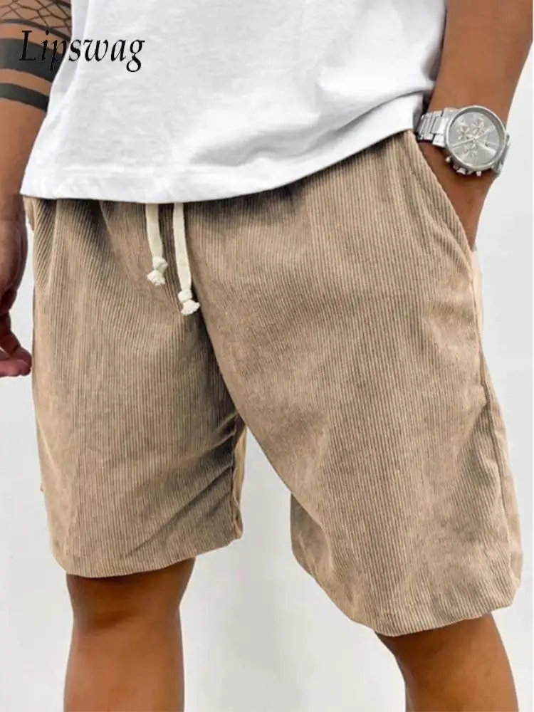 

Свободные прямые вельветовые шорты для отдыха для мужчин, летние повседневные повседневные однотонные шорты в рубчик с текстурой, винтажные мужские шорты с завязками
