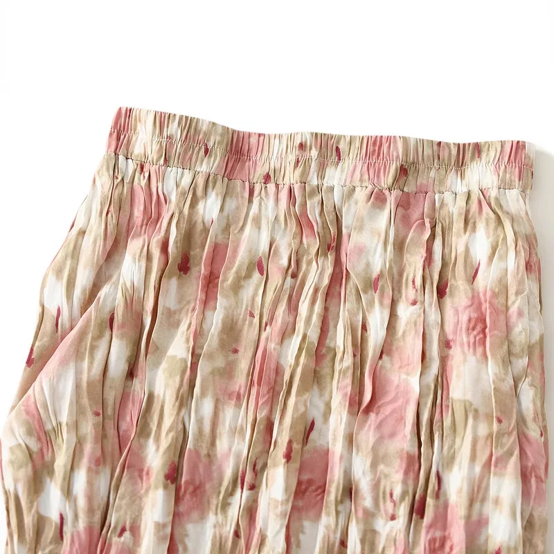 Floral pleated A-line skirt for women in summer, high waisted and slimming umbrella skirt, versatile and big swing long skirt