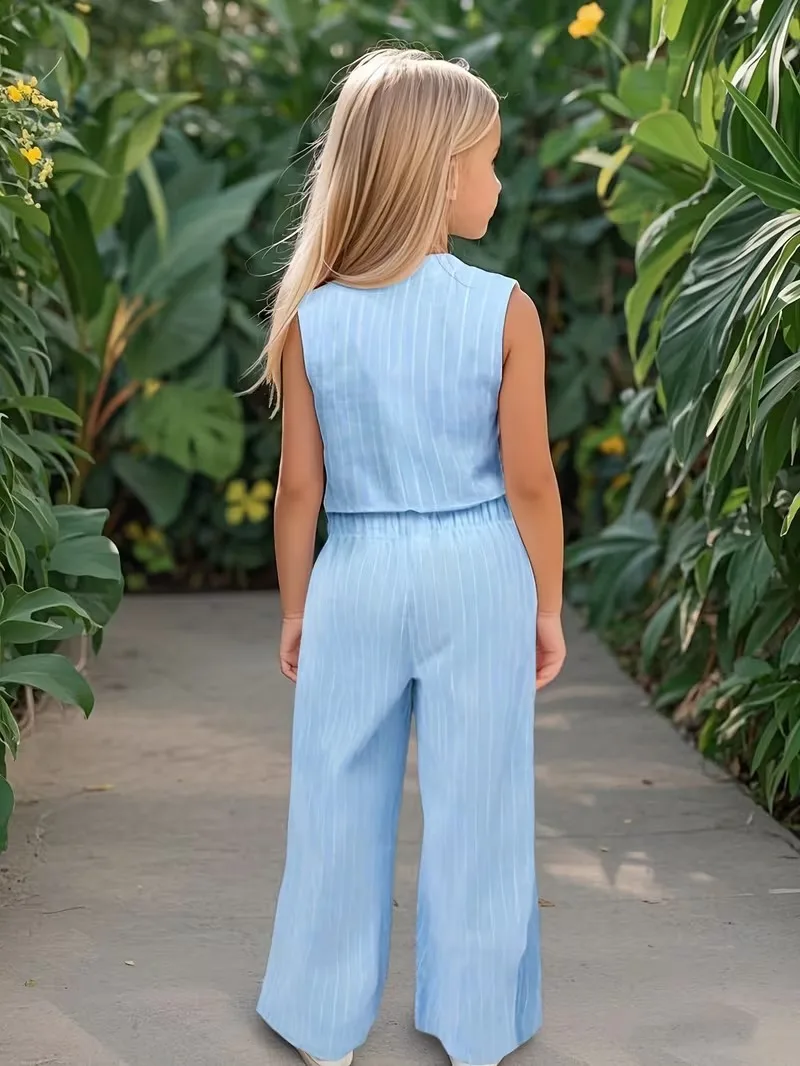 Girls 2 Piece Light Blue Outfit V-Neck Button Vest Top & High Waist Wide Leg Pants Kids Casual Vacation Set