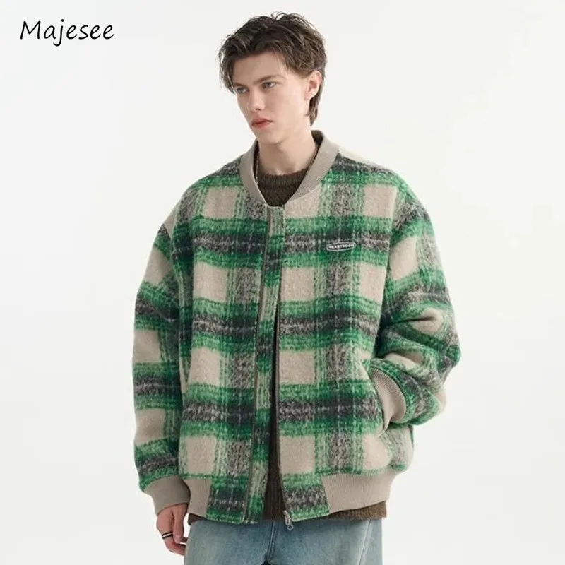 Plaid Blends Men Winter Thick Warm Woolen Outerwears Handsome Smart Casual High Street French Style All-match Mature Clothing