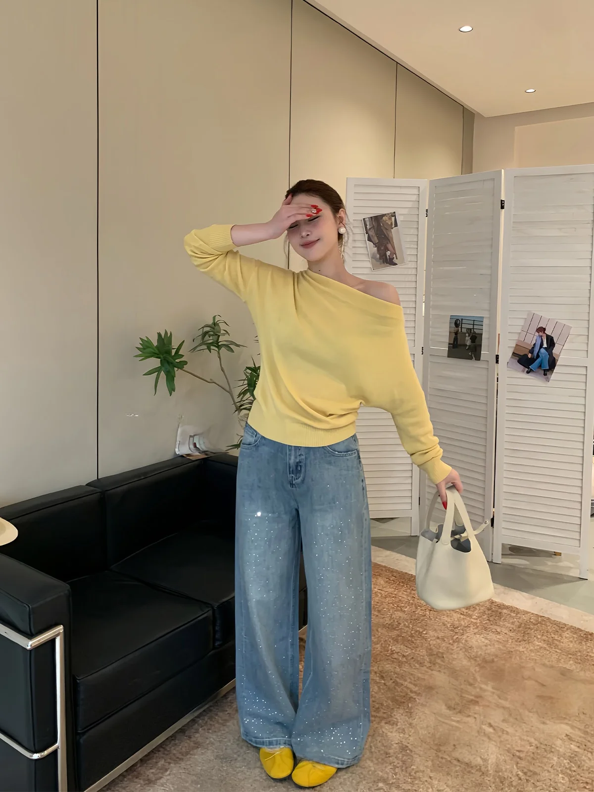 

Blue Straight Leg Jeans High Waist Cotton Drill Washed Loose Slimming Women's Premium Denim Spring Season Ladies Fit