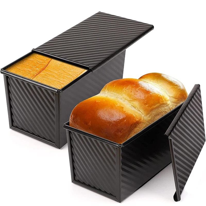 Non-Stick Bread Pan with Lid 1 Lb Carbon Steel Rectangle Corrugated Loaf Mold Toast Cake Baking Pan Kitchen Baking Accessory