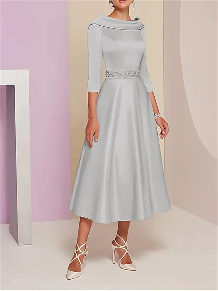 

A-Line Mother of the Bride Dress Wedding Guest Vintage Plus Size Simple Elegant Bateau Neck Tea Length Satin 3/4 Length Sleeve