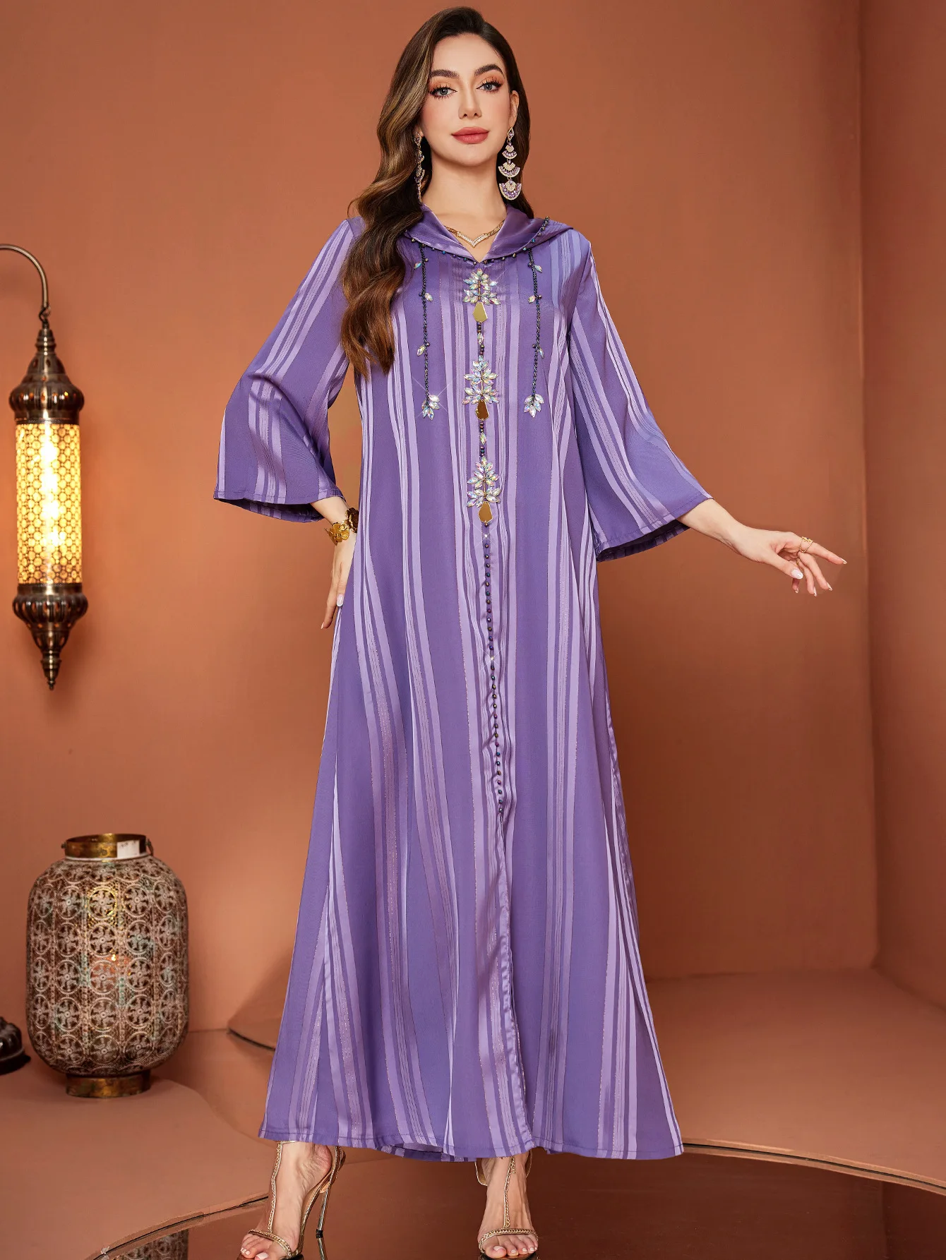 

Eid Muslim Dress Women Abaya Hooded Diamond Long Dresses Striped Vestidos Largos Party Caftan Jalabiya Ramadan Dubai Robe 2025
