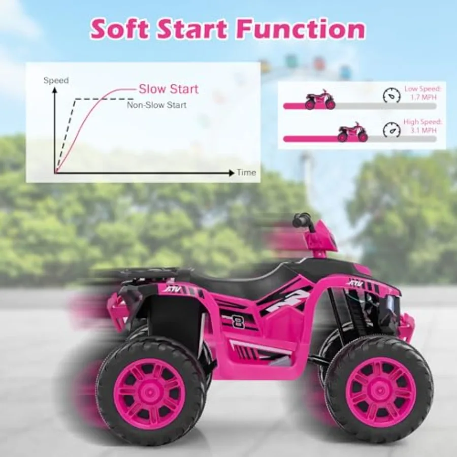 ATV for outdoor play, ABS plastic body, pink color, 24V dual-speed electric ride-on with forward/reverse, wireless remote, buil