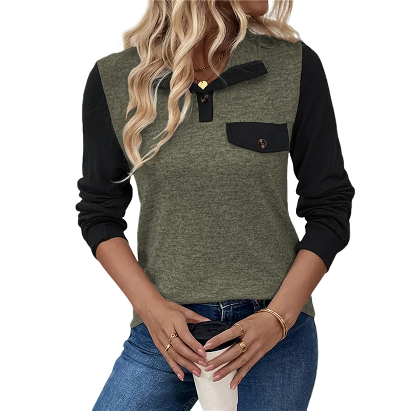 

CGS-Women's Casual Pullover Color Block Long Sleeve Button Lapel Collar Loose Patchwork Blouse Y2K Streetwear