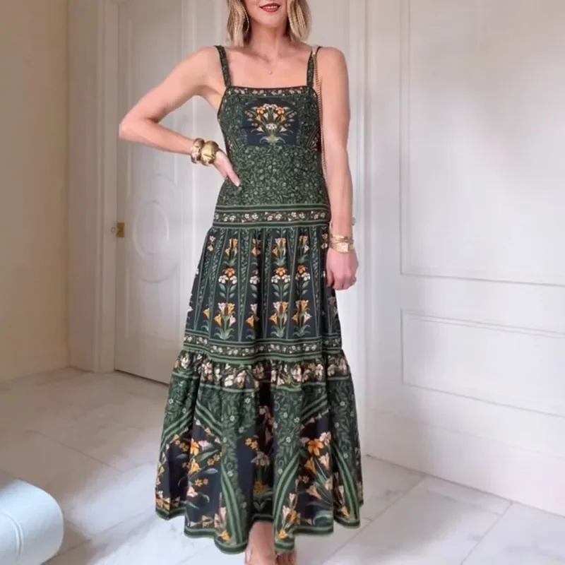 Summer Dresses 2025 Woman Pattern Print A-Line Pleated Dress Spring Square Collar Straps Long Dress Sexy Backless Zip Boho Dress