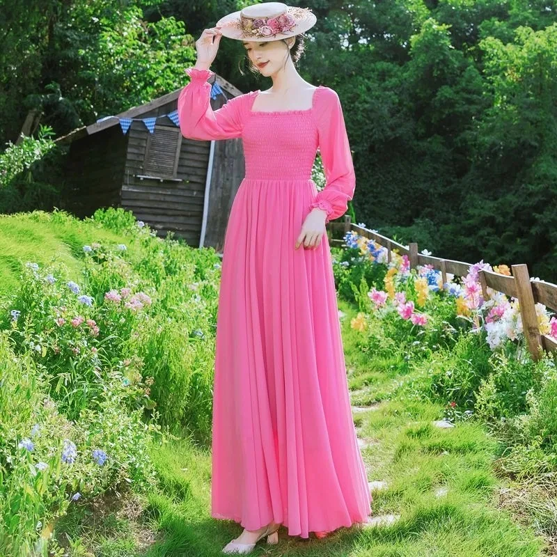 Fashion Violet Chiffon Dress Women's Large Hem Long Dresses Long Sleeved Slim Elegant Party Traveling Outside Clothing Female