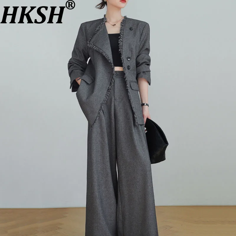 

HKSH Spring Autumn New Women Two-piece Suit Set Buttoned Burr High-end Blazer Wide Leg Pants Elegant Fashion Office Lady HK12903