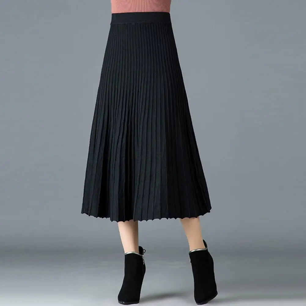 

Solid Color Skirt Elegant Women's Pleated Skirt High Waist A-line Midi Skirt in Solid Color Mid-calf Length Thickened for Any