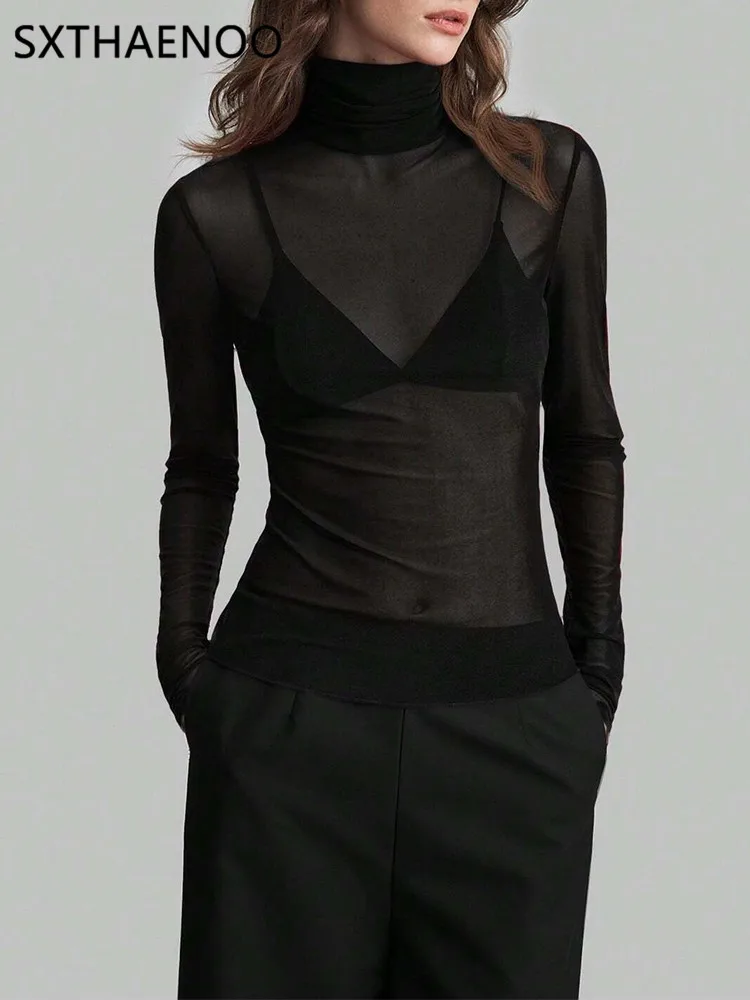 

SXTHAENOO Slim Fit женская футболка с длинным рукавом с высоким воротником, однотонный сетчатый топ, универсальный, элегантный, для поездок на работу, на Ближнем Востоке