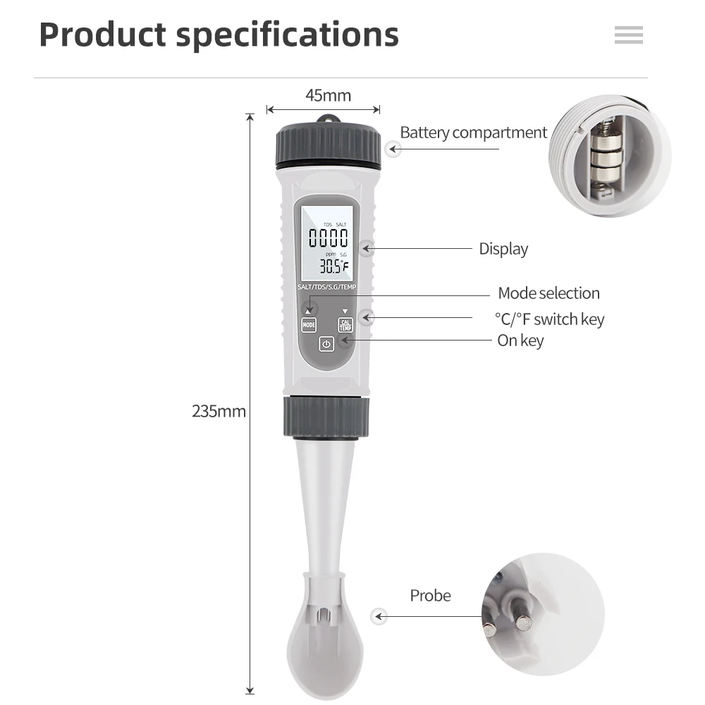 4 In 1 TDS Meter Water Salt Concentration SALT/TDS/EC/Temp Meter Digital Water Quality Monitor Tester per piscine acquari