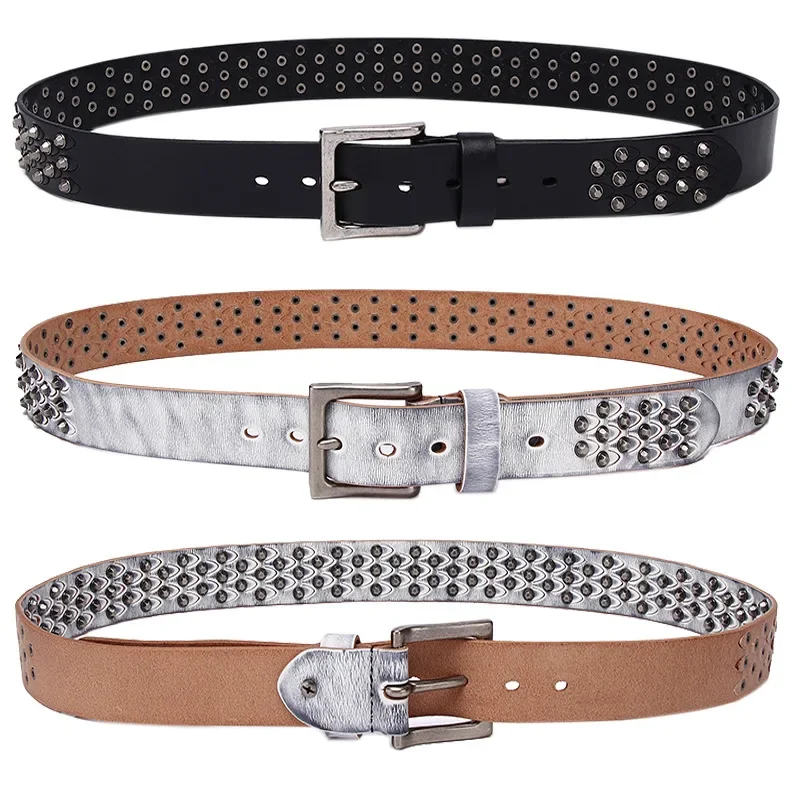 Stylish Hollow Decorated Belt with Rivets, Made of Genuine Leather, 3.8cm Width for Men and Women