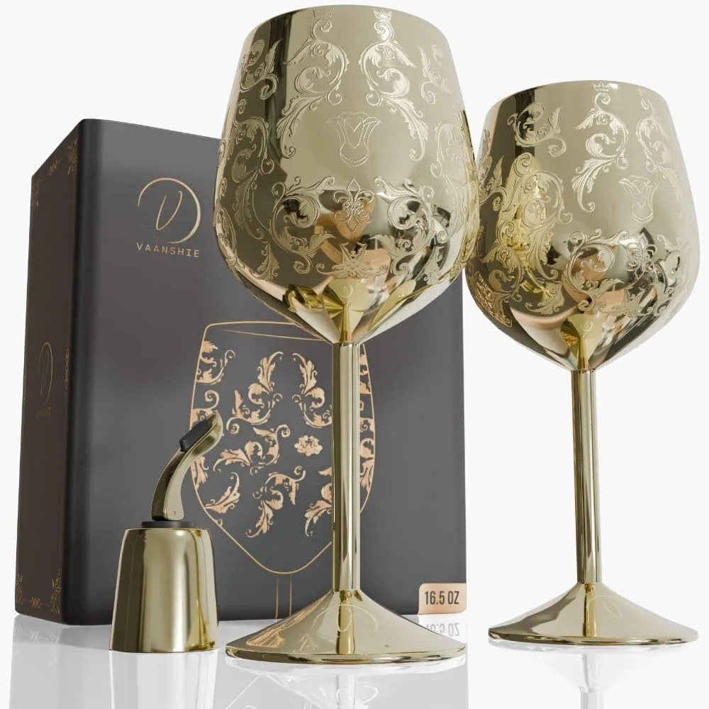 Juego de 2 copas de vino de acero inoxidable de 17 oz, copas decorativas doradas con grabados de estilo barroco, tazas irrompibles con botella